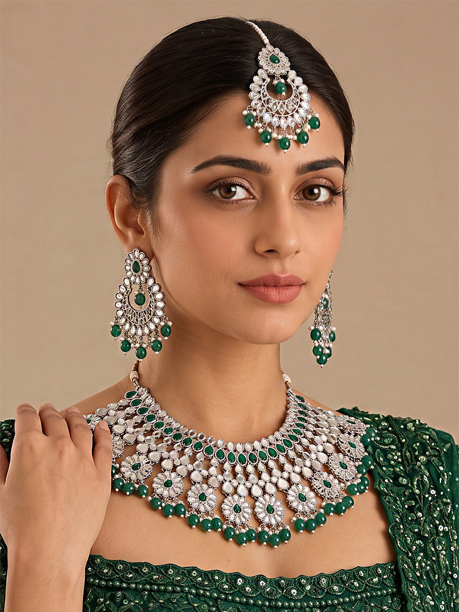 Ziya Necklace Set-(Silver)-Green