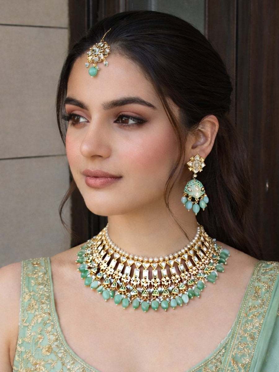 Multan Bib Necklace Set-Mint green