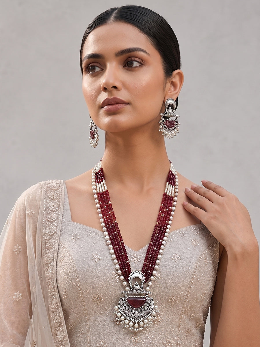 Sheel Long Necklace Set - Silver / Maroon