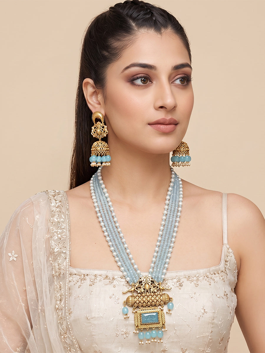 Sumbul Long Necklace Set - Gold / Aqua