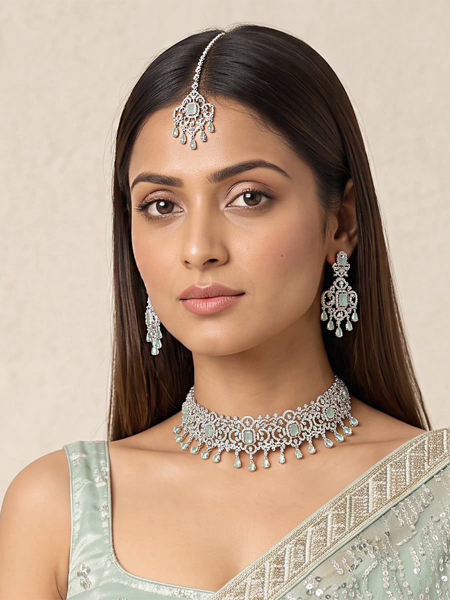 Shanaya Choker Necklace Set-Silver/Mint Green