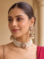 Ishrat Mirror Choker Necklace Set - Hot Pink