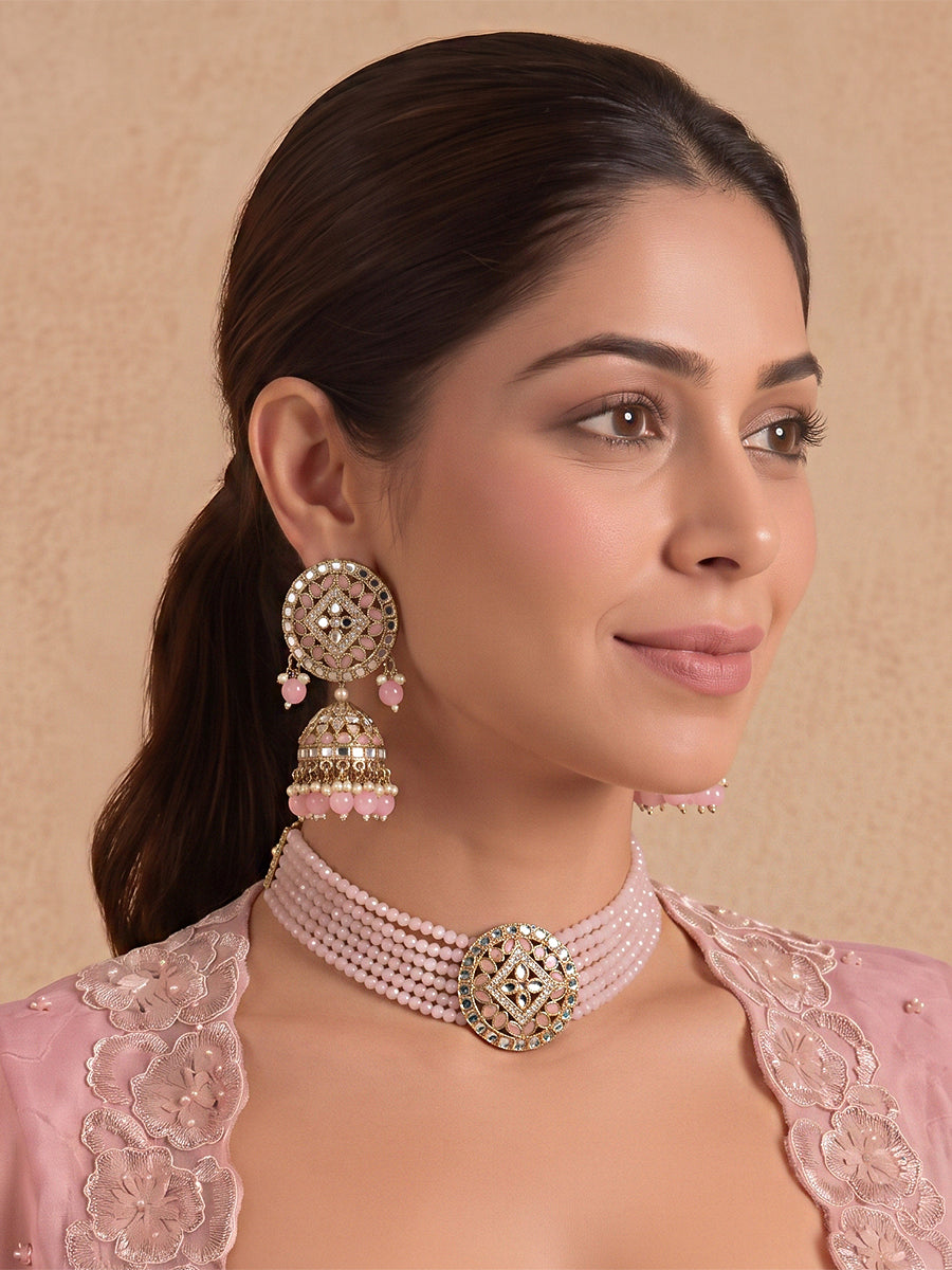 Ishrat Mirror Choker Necklace Set - Pastel Pink