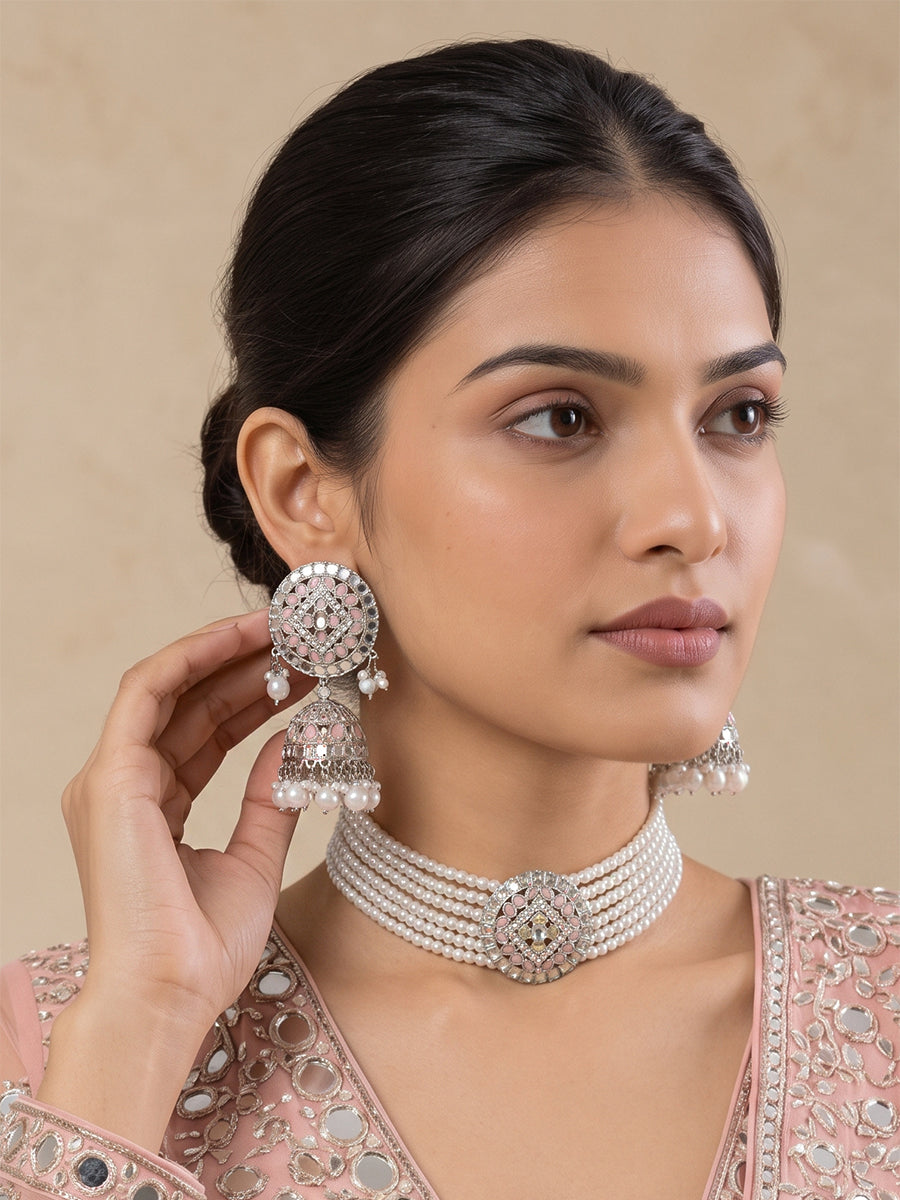  Ishrat Mirror Choker Necklace Set - Pastel pink
