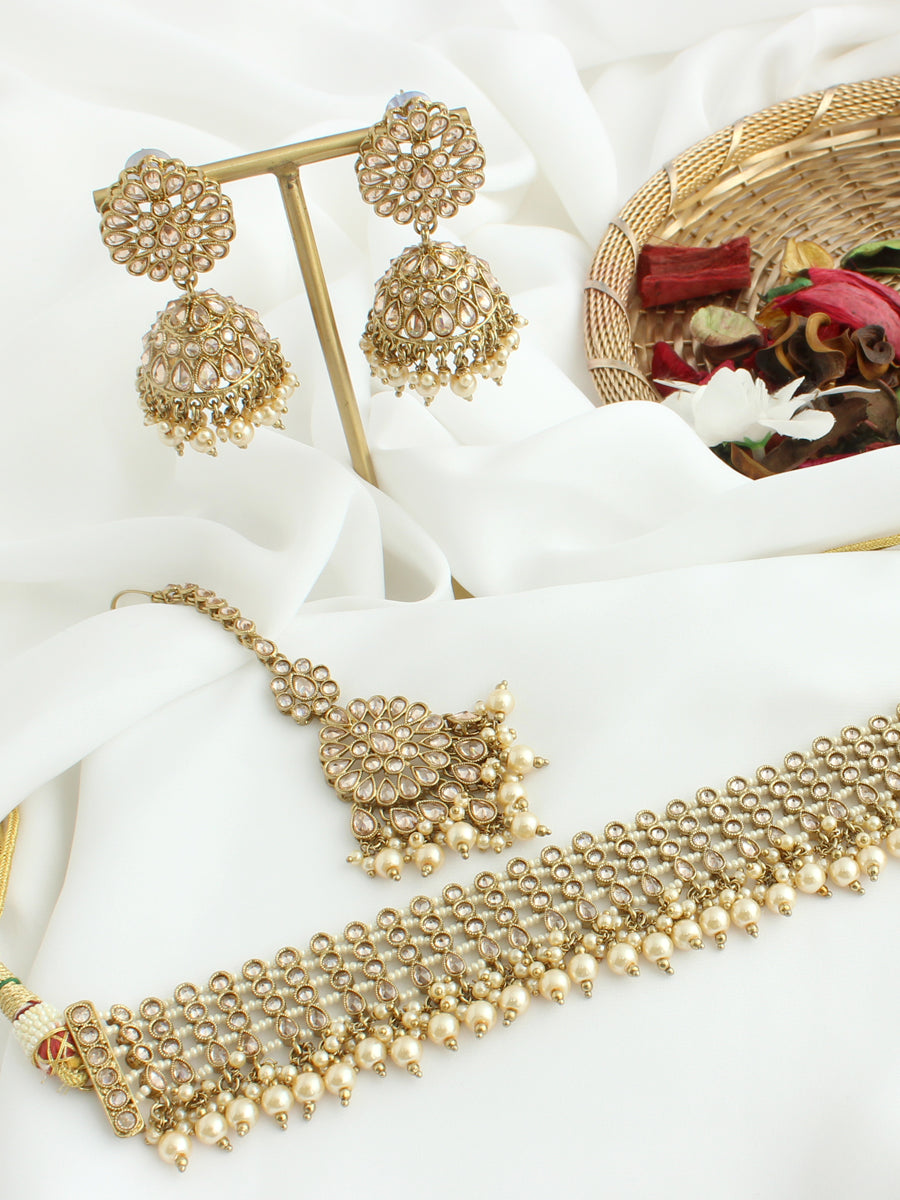 Riffat Choker Necklace Set-Gold