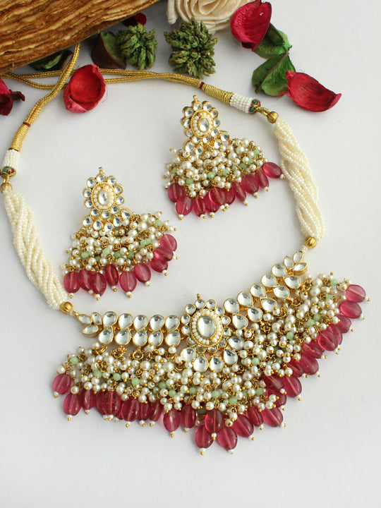 Vriddhi Choker Necklace Set-Pink & Green