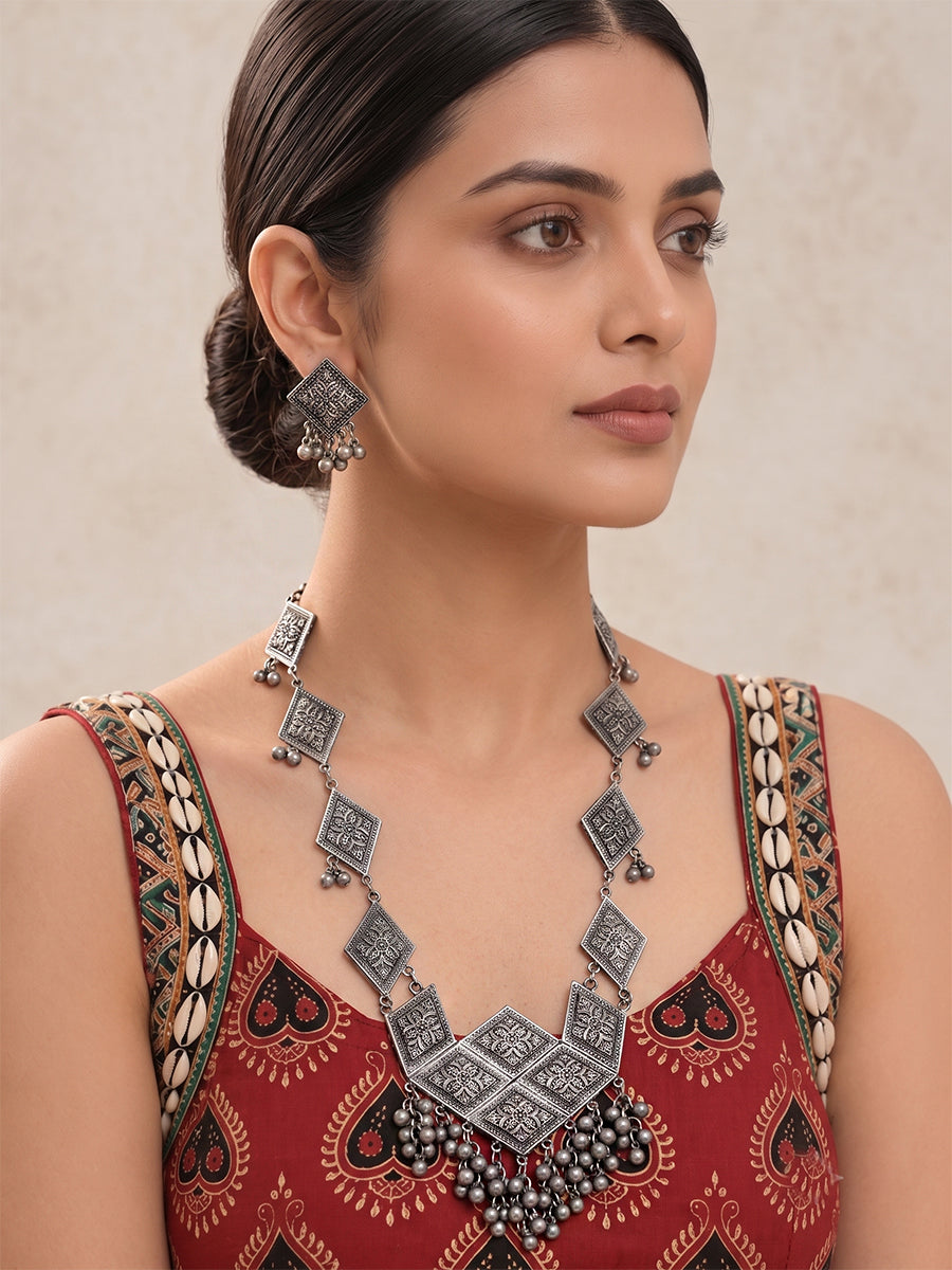 Umang Long Necklace Set-Antique Silver