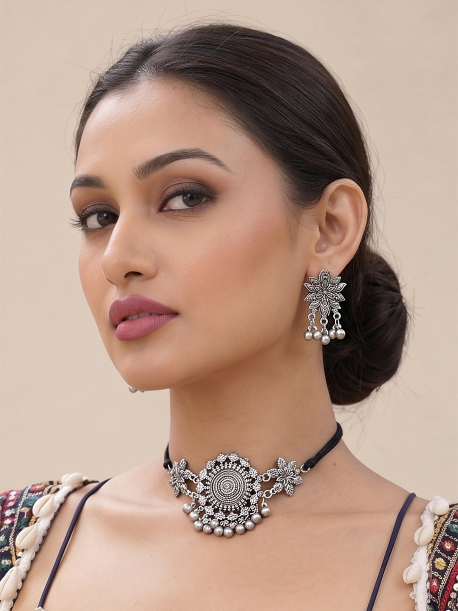 Ipshita Choker Necklace Set-Antique Silver