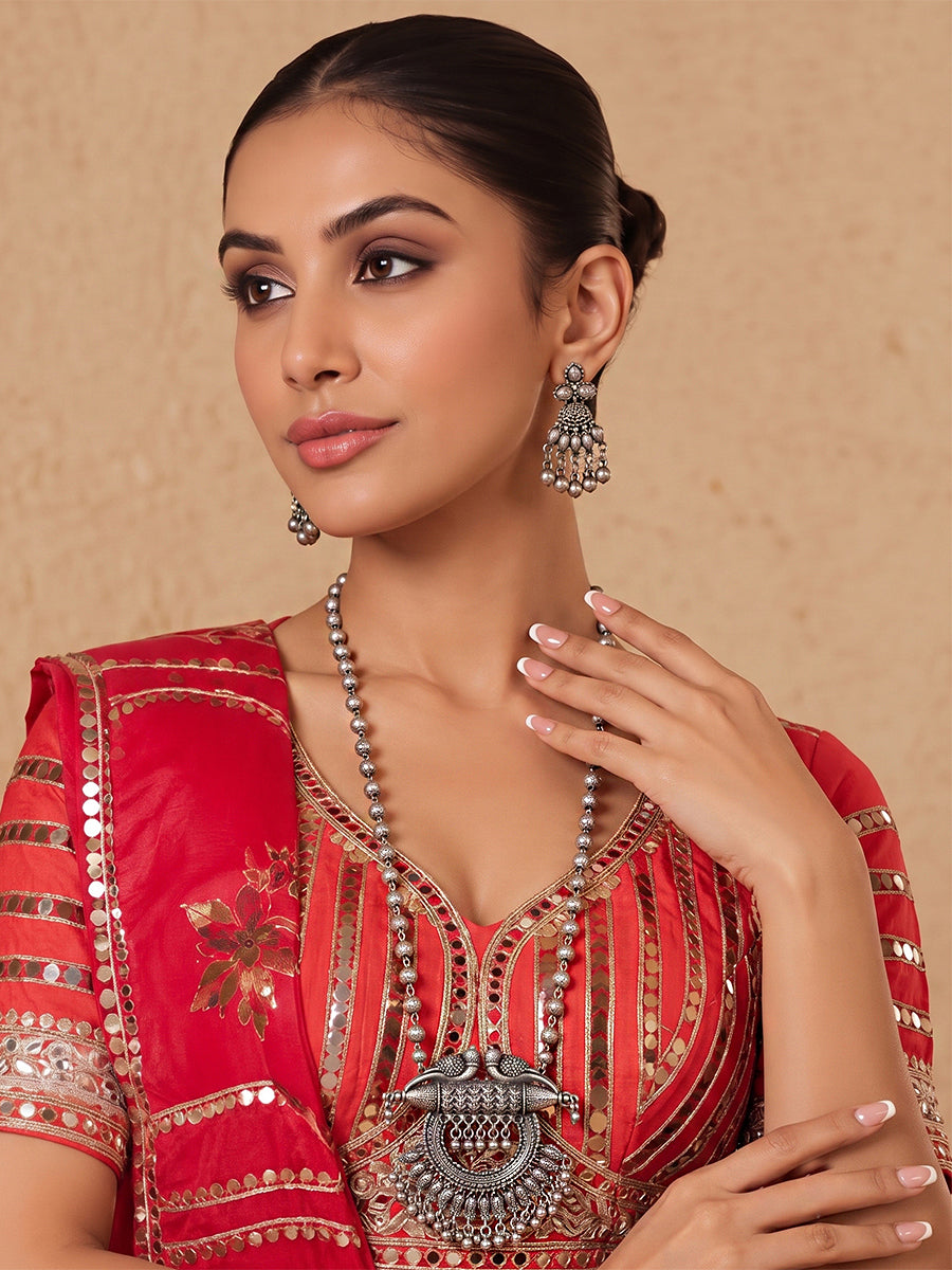 Maithili Long Necklace Set-Antique Silver