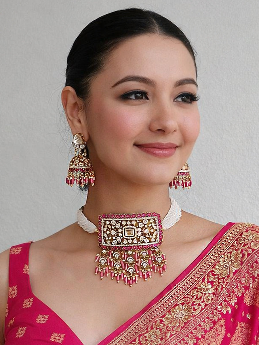 Roshina Choker Necklace Set-Hot Pink