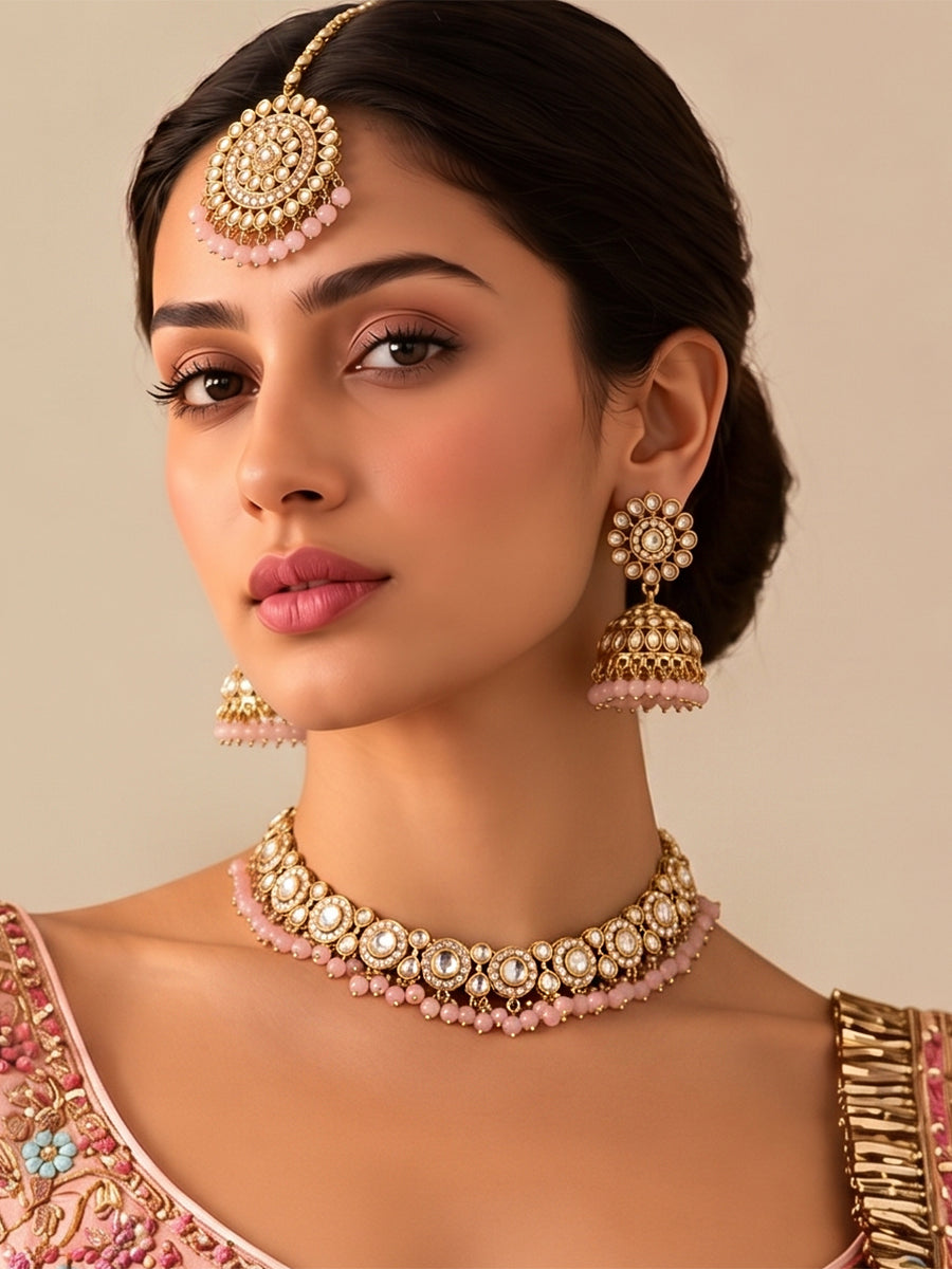 Reet Choker Necklace Set- pastel Pink