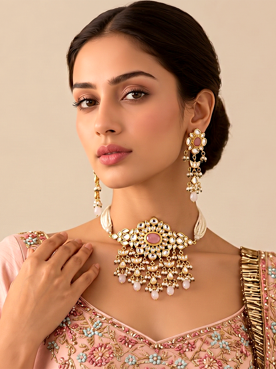 Pavitra Choker Necklace Set-Pastel Pink 
