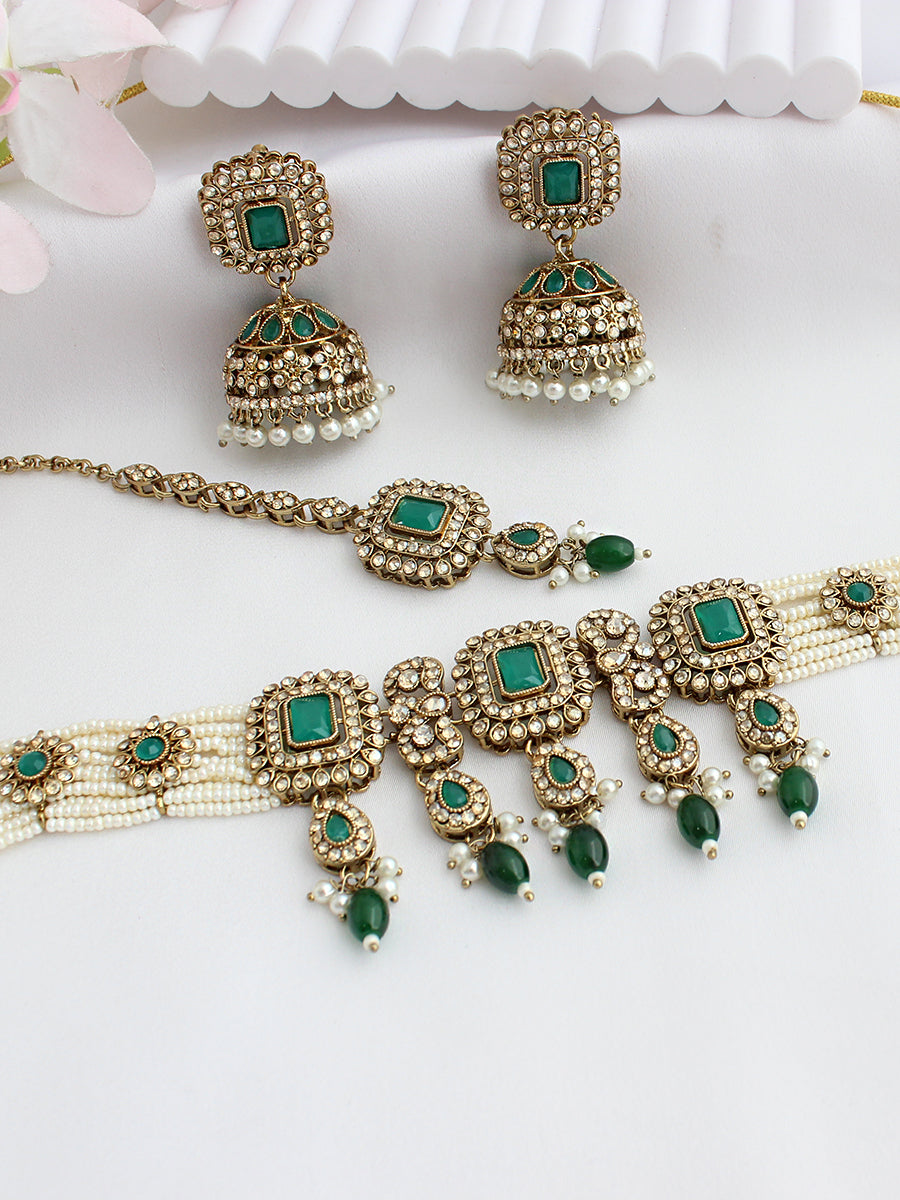 Jivika Choker Necklace Set-Green