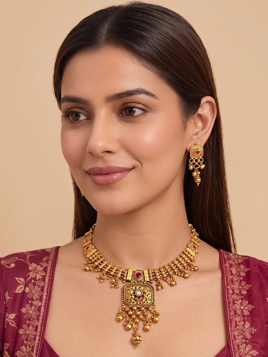 Nandini Bib Necklace Set-Hot Pink