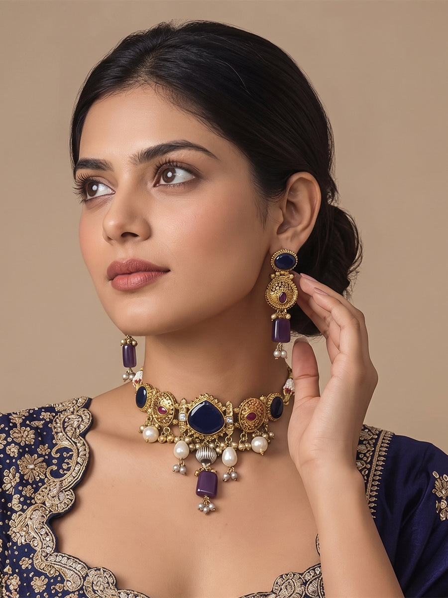 Maya Choker Necklace Set-Blue