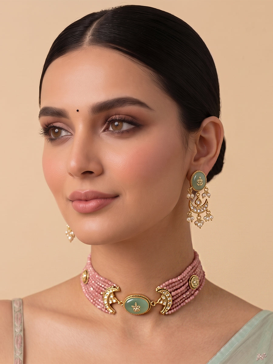 Antra Choker Necklace Set-Pink
