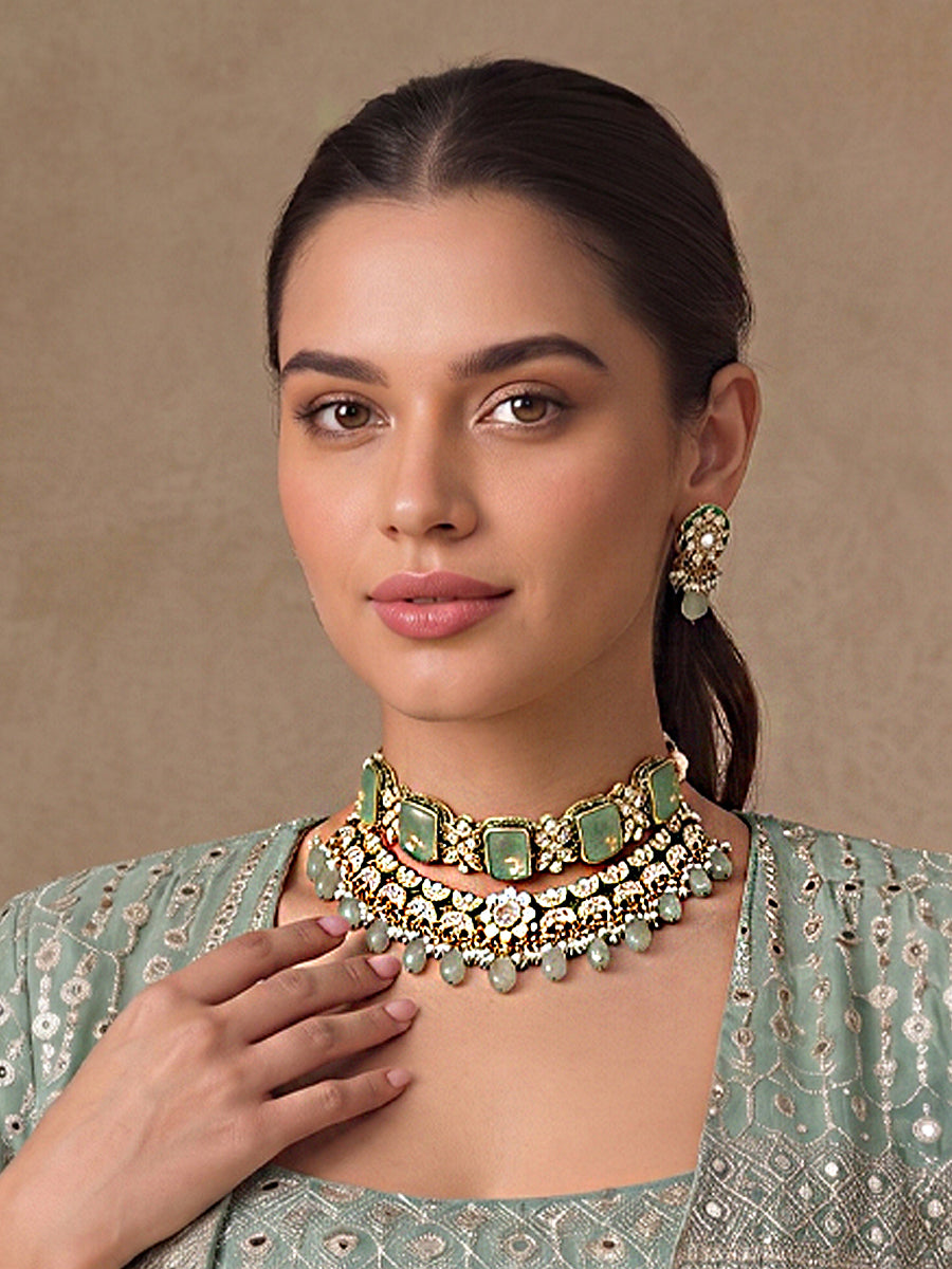 Rohini Layered Necklace Set - Mint Green 