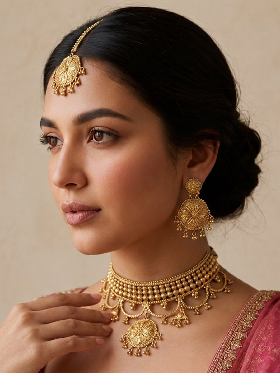Umika Choker Necklace Set-Gold