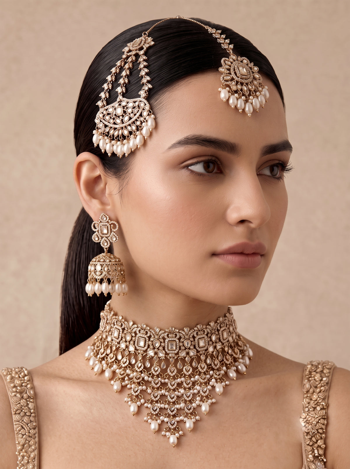 Shairy Choker Necklace Set-Pearl