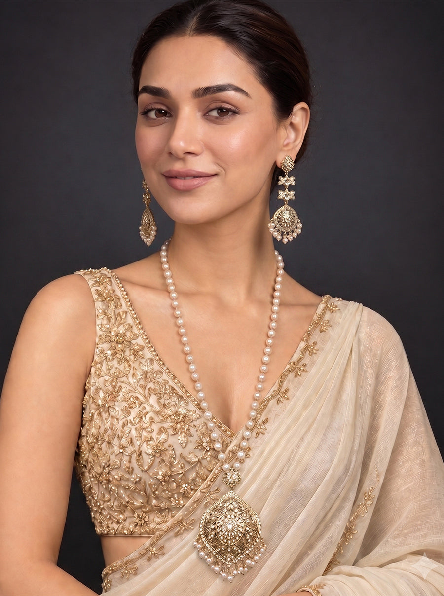 Inaya Jadau Long Necklace Set-Gold