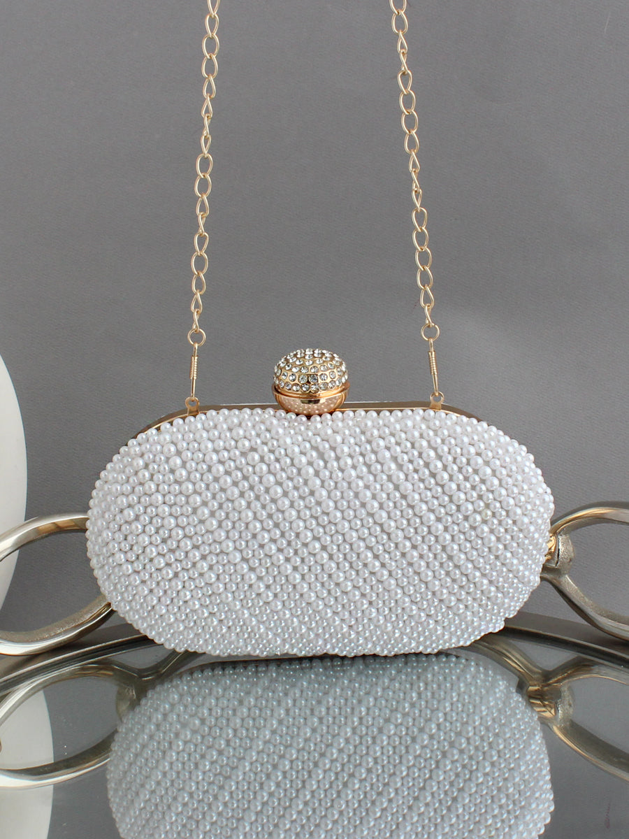 Buy Women's Designer White Pearl Clutch Evening Bag Beads Engraved Bridal  Purse Wedding Clutch Bag With Long Detachable Silver Chain Strap Online in  India - Etsy