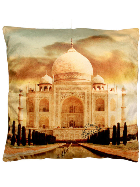 Taj Mahal Velvet Cushion Cover-White