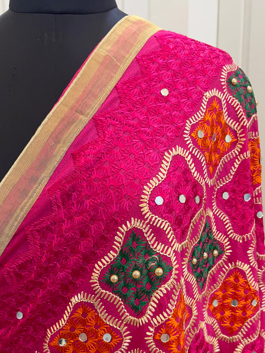 Nimrat Phulkari Dupatta - Hot Pink