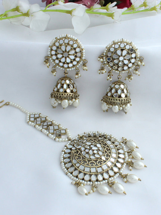 Aisha Mirror Earrings & Tikka-Gold