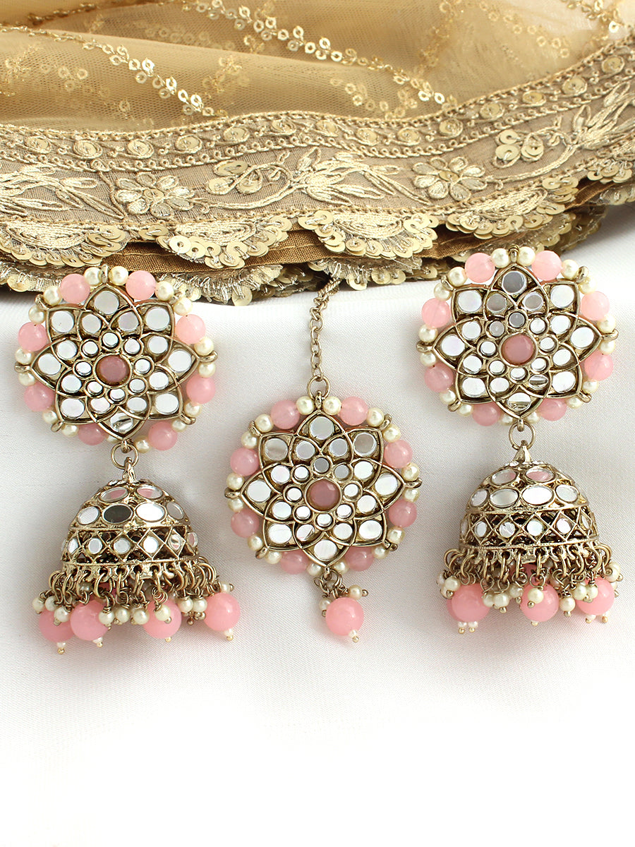 Ziya Mirror Earrings & Tikka-Pastel Pink