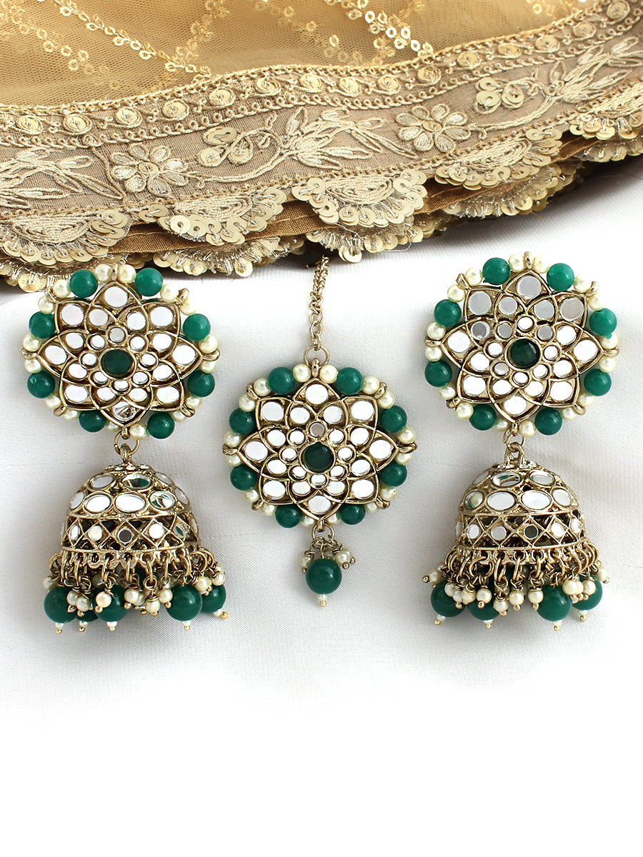 Ziya Mirror Earrings & Tikka-green