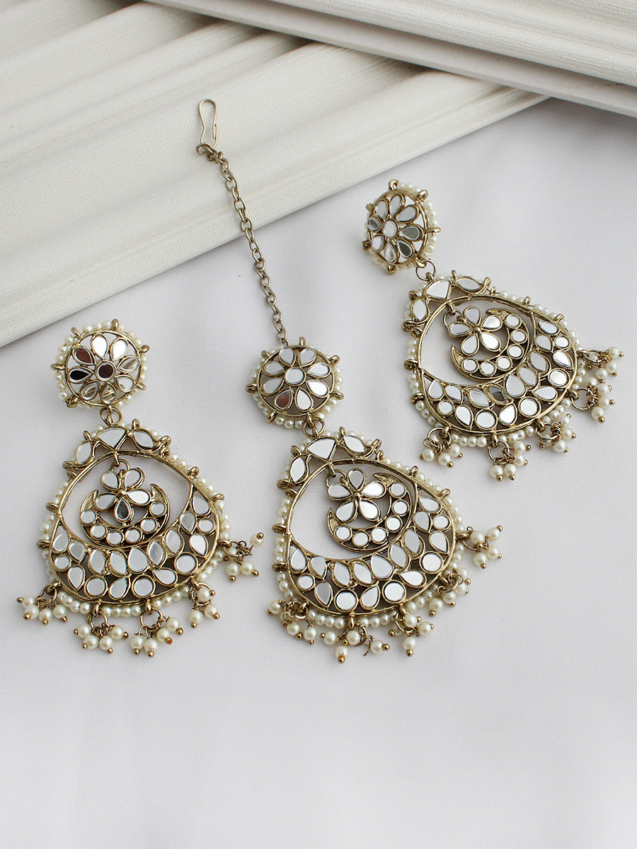 Naaz Mirror Earrings & Tikka - Gold

