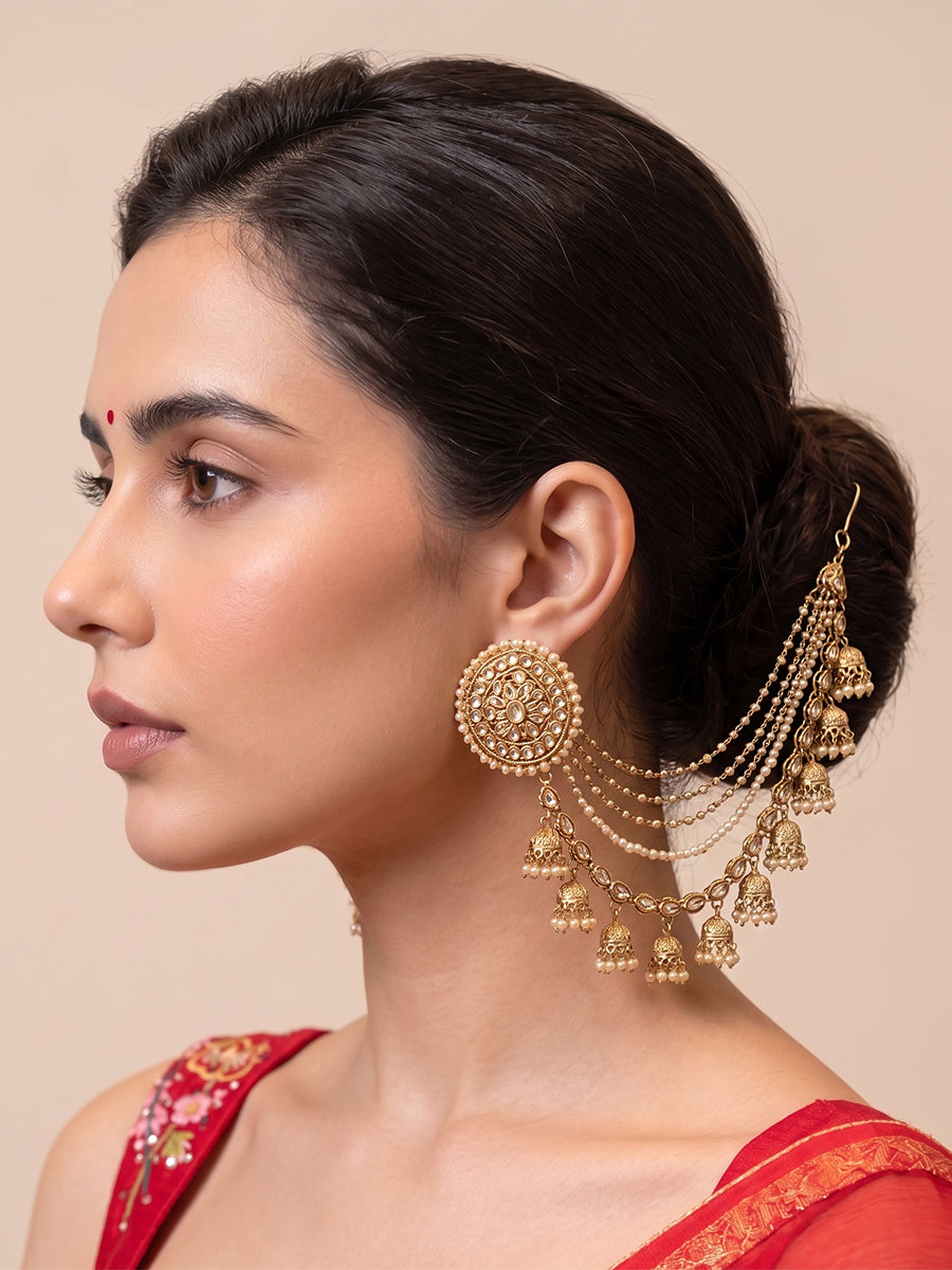 Mansi Stud Earrings With Ear Chain - Gold
