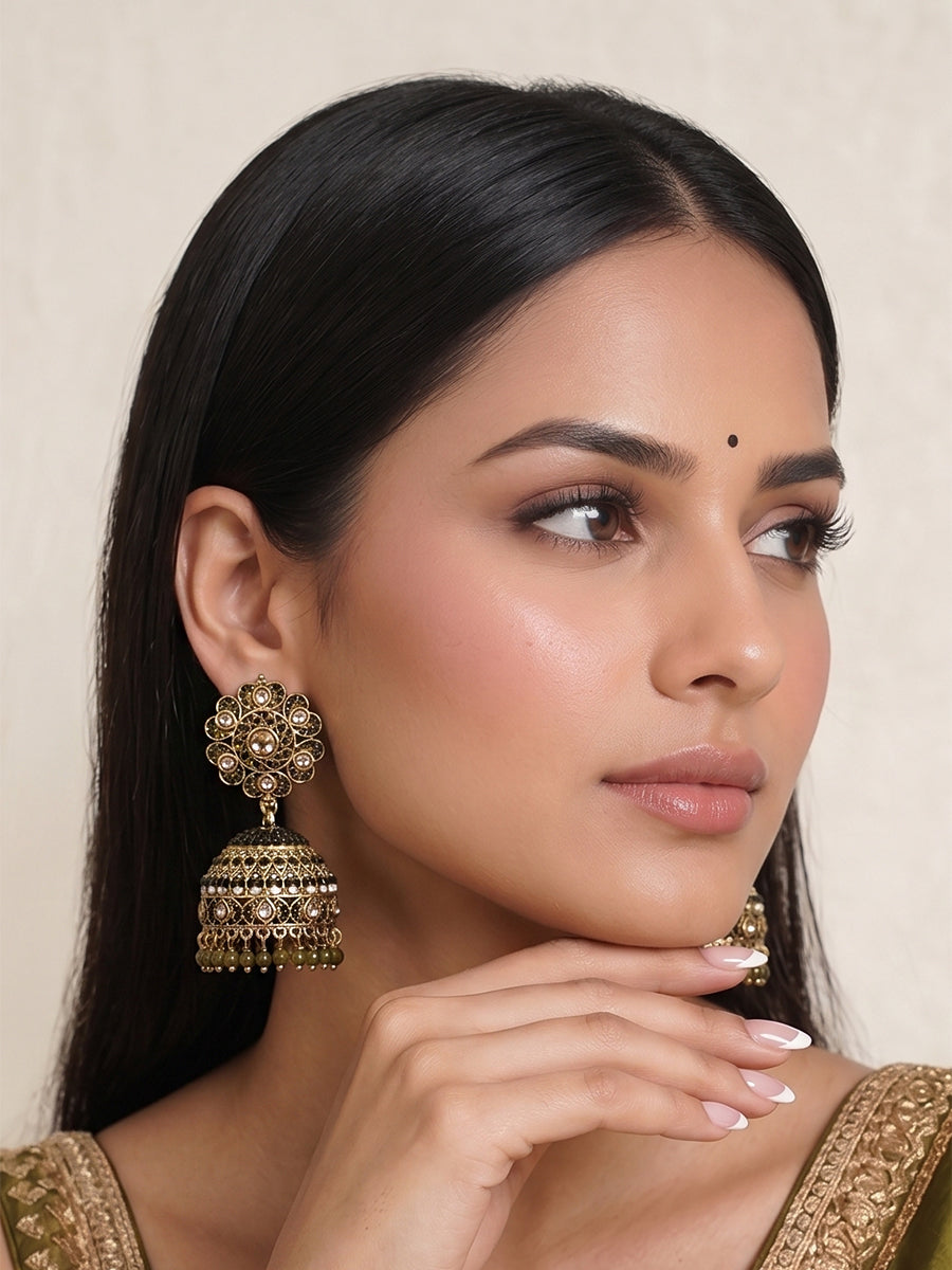 Suhair Jhumki Earrings-mehndi green