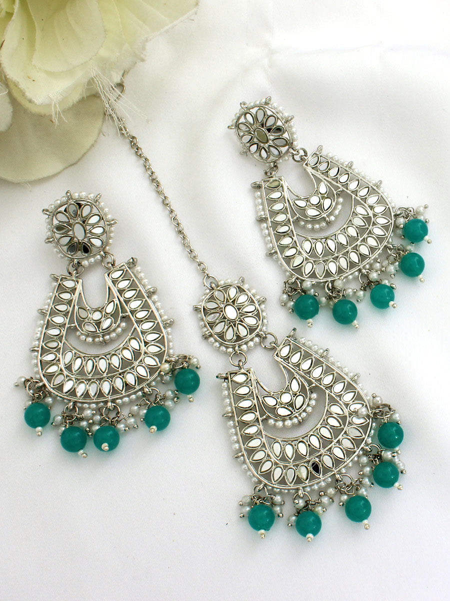 Avika Mirror Earrings & Tikka-Green