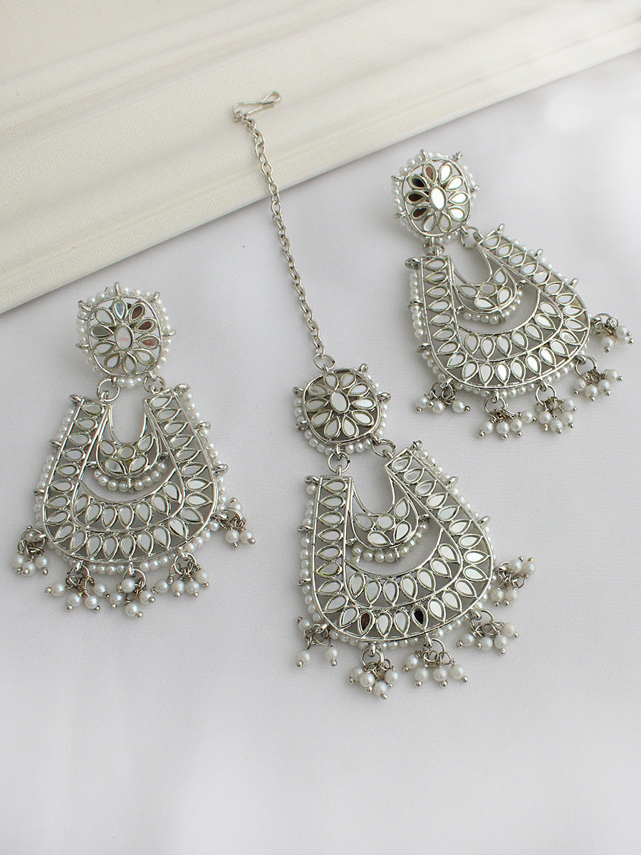 Avika Mirror Earrings & Tikka - Silver
