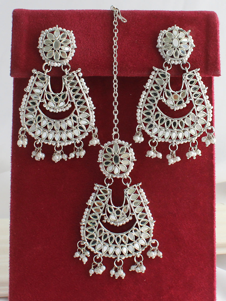 Avika Mirror Earrings & Tikka - Silver
