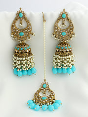Ruhina Earrings & Tikka- Aqua 