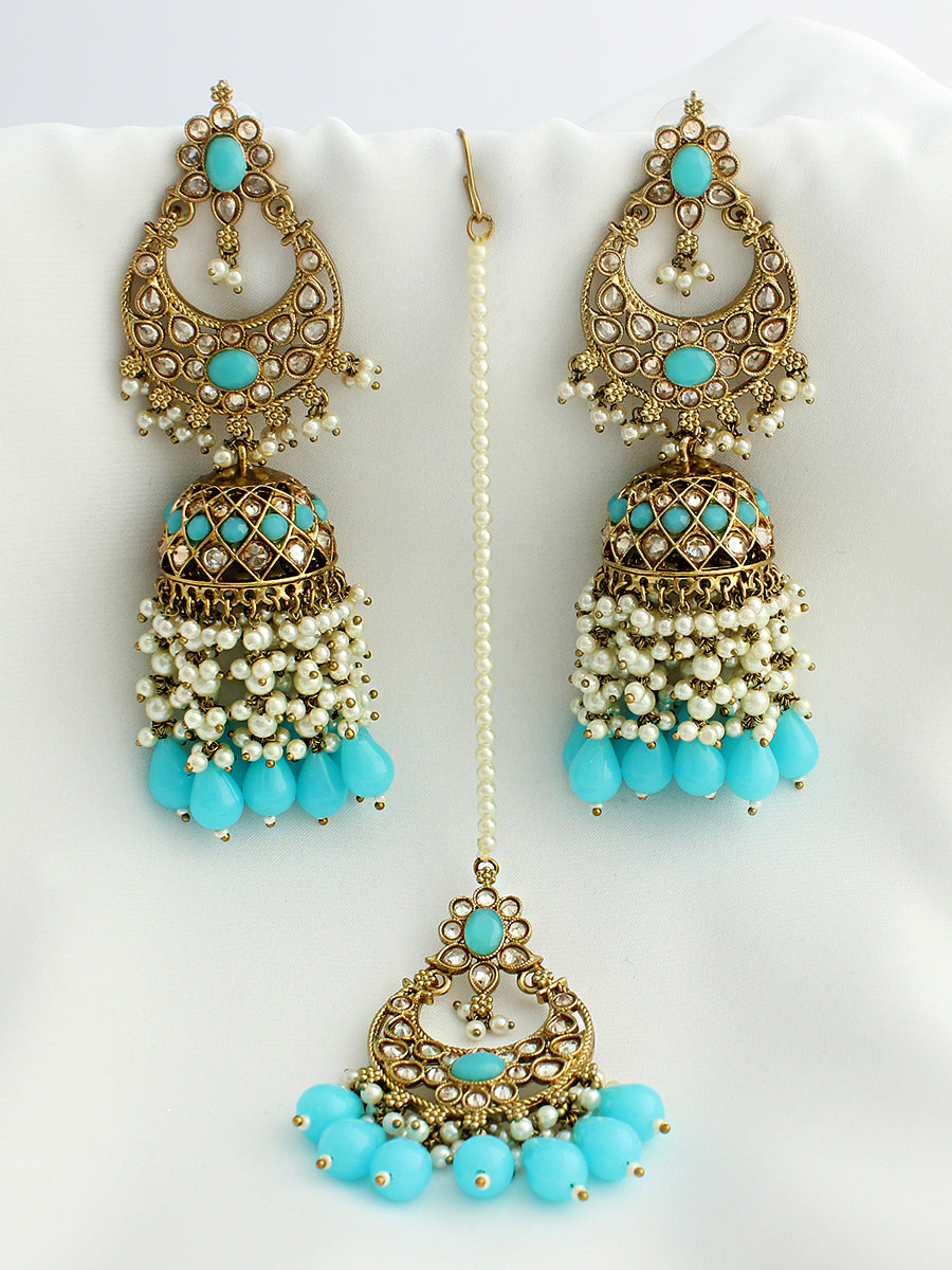 Ruhina Earrings & Tikka- Aqua 