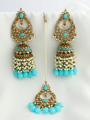 Ruhina Earrings & Tikka- Aqua 