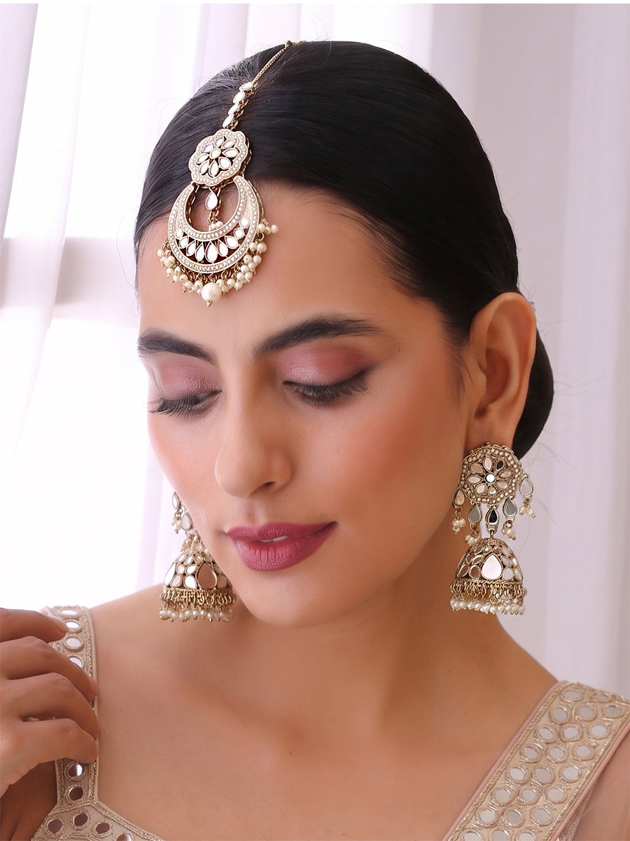 Keesha Mirror Earrings & Tikka  - Pearl