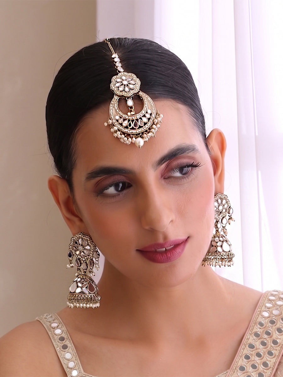 Keesha Mirror Earrings & Tikka  - Pearl