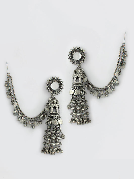 Vrinda Jhumka Earrings With Ear Chain-Antique Silver