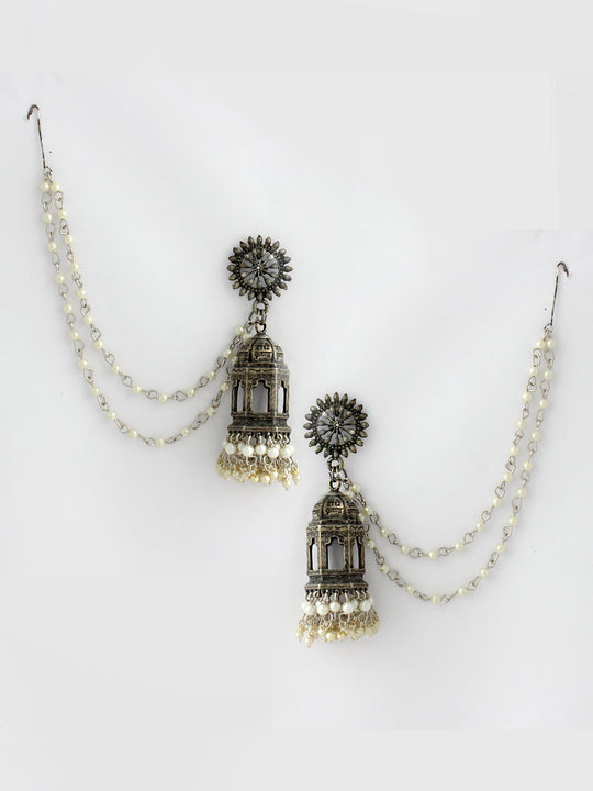 Bhumi Jhumka Earrings With Ear Chain-Antique Silver
