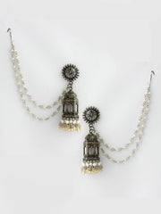 Bhumi Jhumka Earrings With Ear Chain-Antique Silver