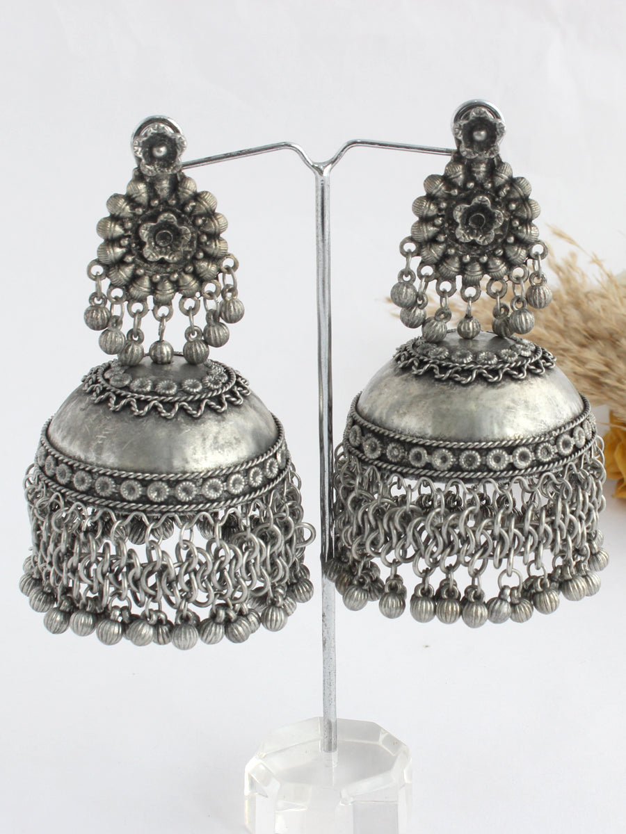 Mayura Jhumka Earrings-Antique Silver