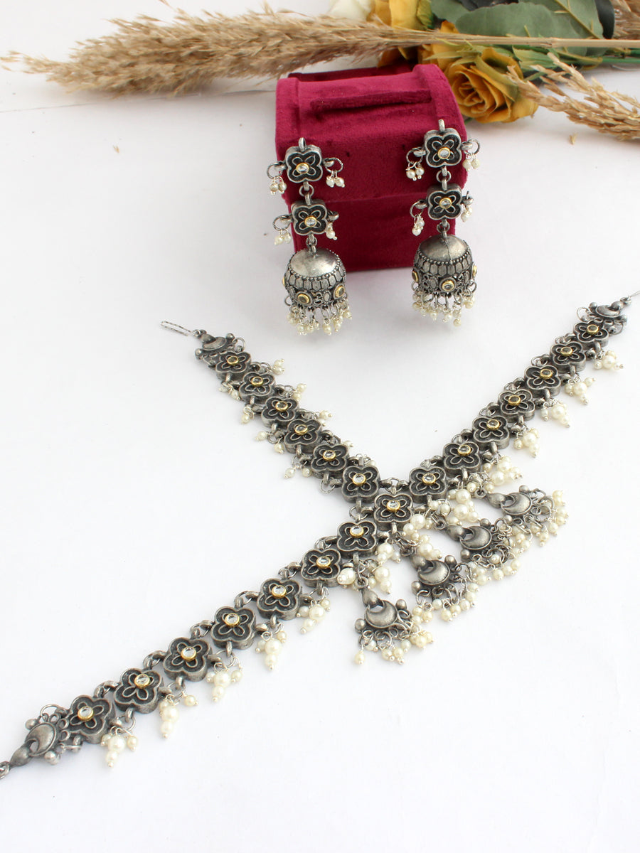 Kunika Jhumka Earrings with Mathapatti-Antique Silver