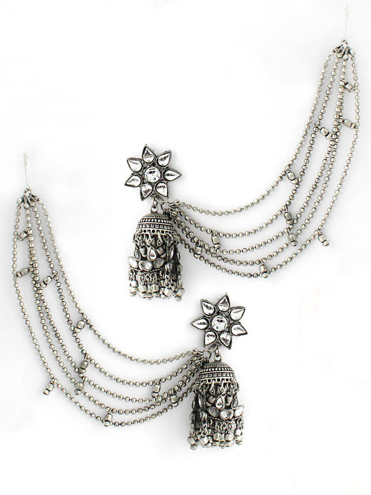 Himani Jhumka Earrings With Ear Chain-Antique Silver