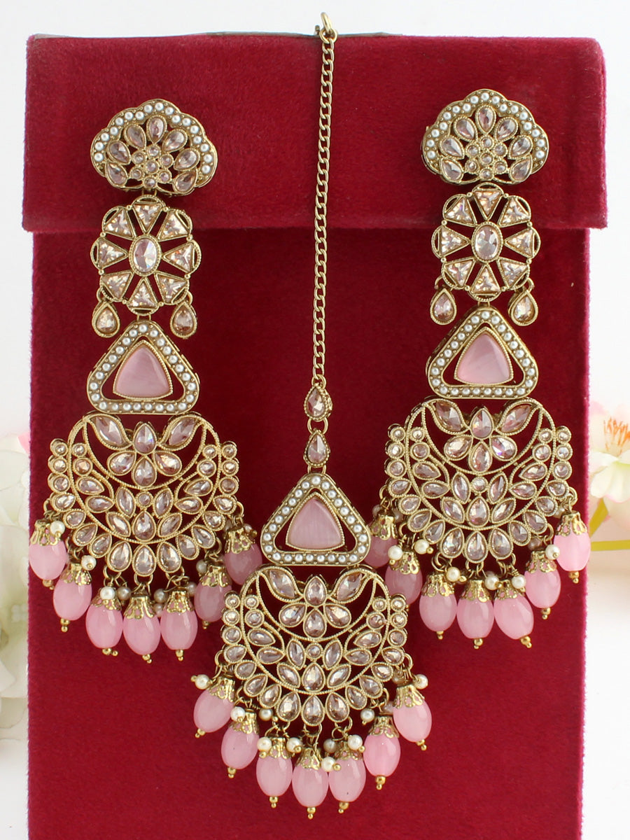 Harshita Earrings & Tikka-Pastel Pink