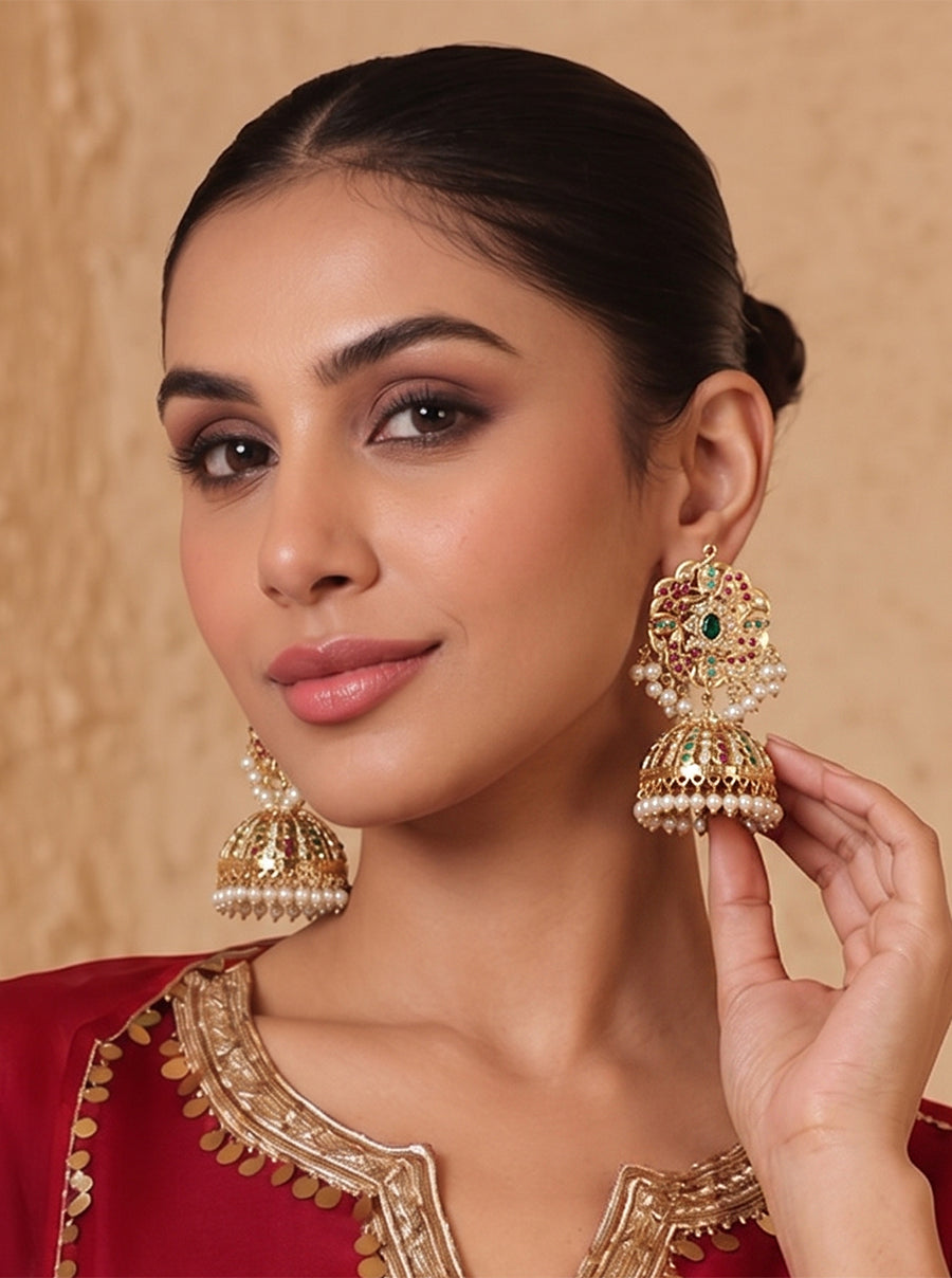 Lubna Jadau Jhumki Earrings-Pink/ Green
