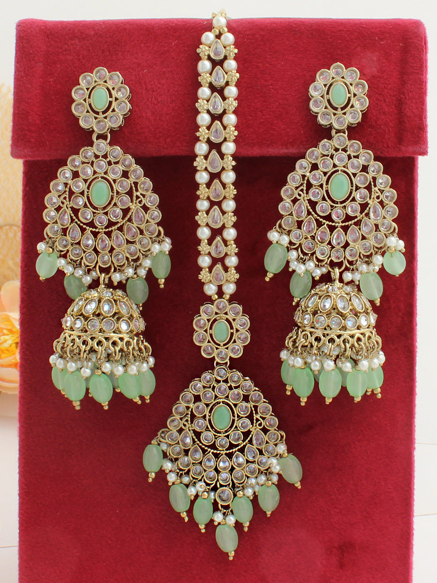 Sita Gold & Mint Green Earrings & Tikka set main image 1